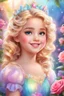 Placeholder: Adorable digital painting of a beautiful little girl in a gorgeous rainbow princess dress, portrait of Elsa, sparkling crown, front view, beautiful smile, shiny golden curly hair, angel eyes, beautiful face, rosy cheeks, pink lips, Elsa face, digital art, surrounded by paradise garden and roses in the background, romantic style, pastel world, high quality, 4k