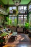 Placeholder: A spacious house with a glass balcony full of plants, a small kitchen on the side, and two facing sofas with a table in the middle. The house is full of plants and flowers, a glass panel containing precious stones, old lighting lamps, details from the Victorian era.