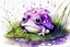 Placeholder: 3D close-up of a very cute fluffy plushy chibi plush frog hiding from the rain under a red white spotted mushroom in the forest, puddles in front, grass and violets next to him, 3d effect melting watercolour on wet inked paper, black ink outline in sunshine, ethereal, cinematic postprocessing