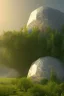 Placeholder: geodesic Dome a facettes transparant ultra réaliste, brouillard, prairie,riviere animé, soleil, ciel étoilé cgi, rendu houdini