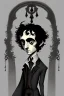 Placeholder: black haired black eyed young man necromancer wizard Gnome that looks like a young Edgar Allan Poe with gothic jewelry in the style of Charles Addams