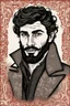 Placeholder: young man in mid 20's, medieval, fighter, russian, croocked nose, czar, rich, simple clothes, short messy hair, thick beard, oligarch, leather coat with fur, brocade clothes, pencil drawing, black or red hair, muscles, background frame