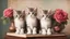 Placeholder: Three kittens surrounded by books and vase full of roses on vintage cabinet