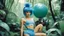 Placeholder: [photo by Norman Parkinson for Sears] blue hair Bulma from dragon ball, in her crop top and high-waisted balloon shorts in the jungle; she works on a womaniser robot