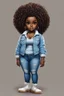 Placeholder: create a digital image of a plus size chibi dark skinned Black female wearing a light blue jean outfit with timberland boots. Prominent make up with brown eyes. Highly detailed tight ombre curly afro 2k