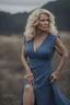 Placeholder: Powerful classical portrait of a modern blonde queen in her late 50s wearing a blue dress standing in a powerful position a little zoomed out