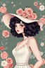 Placeholder: An illustrated woman with voluminous curly hair, wearing a wide-brimmed hat adorned with roses, lacy dress, set against a floral and musical note backdrop.