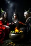 Placeholder: The three witches from macbeth sitting around a steaming cauldron, the one on the left dressed as lady macbeth holds a crown, the middle one dressed as a alluring Spanish gypsy and the one on the right, naked apart from a fig leaf, is holding out an apple