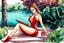 Placeholder: woman in red swimsuit reading a book in a beautiful garden in sunshine style Vittorio Giardino, stylized pen drawing and watercolor