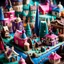 Placeholder: Close-up photograph of a fake city land-of-toys with detailed vintage toys made of cake-frosting and felt, strong texture, extreme detailed, movie shot, rich moody colors, sparkles