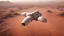 Placeholder: Highly detailed spaceship flying through the dessert above mars, image capturing the dynamic and implied movement, establishing shot, mars desert, peach light, movie still, Phantom High-Speed Camera style raw