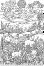 Placeholder: STRESS RELIEF themed coloring page for adult, A cute meadow filled with fluffy bunnies, surrounded by gently rolling hills and dotted with wildflowers, creating a sense of tranquility and simplicity, cartoon style, thick outline, low details, no shading, no color