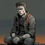Placeholder: man, ethan hawk, looking at the floor, looking serious, comic book, post-apocalypse, grey background, illustration,
