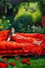 Placeholder: Oil painting Princess lying in the middle of a garden On a sofa and a red cover that covers her body from below only