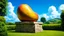 Placeholder: A surrealist painting depicts a large sculpture in the shape of a piece of fruit, made of stone blocks, resting on a stone pedestal. The sculpture has a smooth, curved form with visible cracks and imperfections in the stone. The pedestal is also made of stone blocks. The sculpture and pedestal are set in a lush green landscape with dense vegetation in the foreground and a distant, diffused view of trees and hills under a bright blue sky with scattered clouds. The lighting is soft and diffused, c