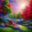 Placeholder: blue sky, red flowers, green trees, purple bushes