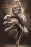 Placeholder: mesmerizing fantasy illustration featuring a feline dancer in a captivating ballet pose. The cat's fur is a blend of soft, muted tones, with one paw raised above its head and the other stretched out to the side. Its eyes are wide open, displaying an expressive and captivating look. The background is a muted brown, creating an atmosphere of mystique.