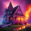 Placeholder: a house on fire in a hurricane, upper body of purple devil with spear