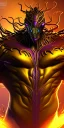 Placeholder: golden venom symbiote with big muscles and big claws and purple smoke background