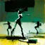 Placeholder: Dystopian future women with a twisted body dancing with retro monitor head and handing wires. In desolate landscape at night. With a concrete decaying blocks. Abstract oil painting in style of Justin Mortimer and Phil Hale