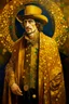 Placeholder: beautiful painting of a extremely handsome man in a golden cape and yellow hat, with multiple eyes on his body in the style of Gustav Klimt. full body portrait features geometric shapes, beautiful colors, golden light, and a dark background. the composition is beautiful, with sharp focus and high resolution.