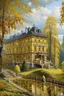 Placeholder: 19th century. Mesmerizing, ultra-realistic nature - golden autumn, THERE IS A HEAVY downpour. In the background is a Russian manor of a landowner on one floor. The building is wooden on the 1st floor.