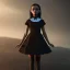 Placeholder: Female Jenna ortega black dress,soft goth libstick, wednesday addams make up, dramatic lighting, highly detailed, volumetric lighting, unreal engine, 8k