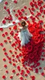 Placeholder: view from above,extending beach from above,girl in fantasy dress made of giant fractal nautical red roses flower foam sea petals on sand,celadon, ultra-detailed from a bird's eye view,hd