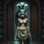 Placeholder: fantasy digital art of young female anthro wolf gray hairy wolf body and wears just a short canvas rag around her waist , sad face stands at the rain front the door, behind her an tall anthro dark hairy wolf man standing behind in rustic halb open door in an massive wooden house, deep colors, rainy day, detailed, anthropomorphic creatures, fantasy, sci-fi mood