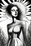 Placeholder: A hauntingly beautiful ink drawing of a woman in a summer dress, her face illuminated by the sun's rays.