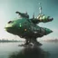 Placeholder: Tall vertical thin large detailed space ship floating on wide River , Daylight, antennas, exhaust ports ,very small green hull lights , stopped, , luminescent , 35 mm focal length