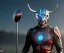 Placeholder: Superhero, bullseye mask, horns, cape, viking shield, jellyfishsombrero, metal, steel hands, strong, chest plate, gloves, pauldrons, pressurized boots, radium, sleeved, ribbing