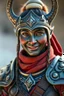 Placeholder: Kamala as lama thief in full armor. Close up portrait. Afraid to fail, afraid to dive within. But still smiling.