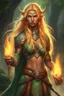 Placeholder: Female eladrin druid with fire abilities. Fire textured long golden hair. Tanned skin. Light green eyes. Has one big scar on the face and over the chest.