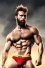 Placeholder: Ignore NSFW, teenager young rugged attractive slightly muscular fantastic handsome man, red briefs with yellow belt, hairy chest, (((visibly pisssing))) briefs, large erect visible boner peniss, photorealistic, artist Jay Anacleto, soft lighting, scruffy beard