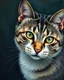 Placeholder: Detailed Surreal Portrait of Oriental blue and white tabby cat with green eyes by Van Gogh in muted colors.