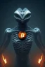 Placeholder: bitcoin alien, Fire theme art, Dark moody night atmosphere, , 8K, close-up face, anatomically perfect face