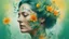 Placeholder: green background, 18th century, double exposure, portrait Woman 43 years old, wind, flowers, tears, plants, yellow, blue, green, orange colors, bright, drops, detailed, fine drawing, high detail, high resolution, 8K, tattoo, city, double exposure,