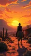 Placeholder: anime style, sunset, desert garden, a cowboy on his bourse , cinematic view