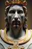 Placeholder: Ultra Realistic image, classical renaissance sculpture, white marble material, Lionel Messi, sun radial crown, chisel style, waist up portrait, epic, celestial, gold, cinematic lighting, God light, god rays, 4k resolution, smooth details, ornate details, soft lighting, unreal engine 5, marble background.