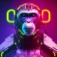 Placeholder: A beautiful portrait of a cyborg monkey purple neon color scheme, high key lighting, volumetric light high details psychedelic background