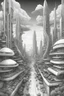 Placeholder: a highly detailed pencil digital drawing of beautiful organic futuristic city in harmony with nature, full screen, fine details and contours, intricate, small minutiae, tiny features, particulars, sharp photo lens, acute outlines, digitally enhanced, least ambient occlusion, sidewalk view from the pedestrian perspective, wide angle camera, volumetric lighting, volumetric clouds, uhd, 8k, vitality colors, for book cover, enscape render,