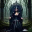 Placeholder: Morena Baccarin as a beautiful sexy dark elf queen seated elegantly on a throne in a mystical forest, dark celtic vignette frame, photo-realistic, cinematic lighting, award-winning photography