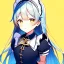 Placeholder: portrait anime maid, long hair, hyper detailed, intricately detailed, looking at viewer, arms behind back pose, blue short pants, yellow blouse with a knot on the bottom, lemon background, air bubbles, summer vibe, close up shot, ambiguous lines image, flat dimensional style, flat lines, rough drawing --ar 2:3