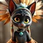 Placeholder: A 3d pixar cartoon of an all black female bombay kitten with yellow eyes dressed like disneys animated pocahontas. She has tribal paint on her face, and a large feathered headdress Close up bust picture