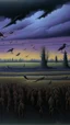 Placeholder: A dark grayish purple haunted field with crows and a scarecrow painted by Rene Magritte