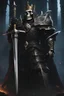 Placeholder: Giant skeleton king in heavy armor, with crown , overlord, swinging sword overhead