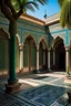 Placeholder: The intricate architecture of the Bahia Palace in Marrakech. Detailed, hyper realistic depiction. Elaborate tile work, carved cedar ceilings, and marble columns show off the grandeur of Moroccan architecture. A central courtyard filled with lush gardens adds a splash of green to the scene.