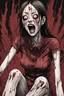 Placeholder: woman tall fullbody with 4 eyes, face distorted with pain, screaming, tears streaming from eyes, siting pose, fullbody, Junji Ito style, darkred tones,