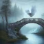 Placeholder: fantasy art, book illustration, raven on stairs of a bridge to old mill ,icy water, on the bridge is a wolf,seen from the tree tops